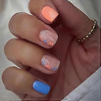 Short Press on Nails Square Fake Nails Blue Orange Flowers Glue on Nails Spring Summer Nail Art Decorations Glossy Full Cover Acrylic False Nails Sho