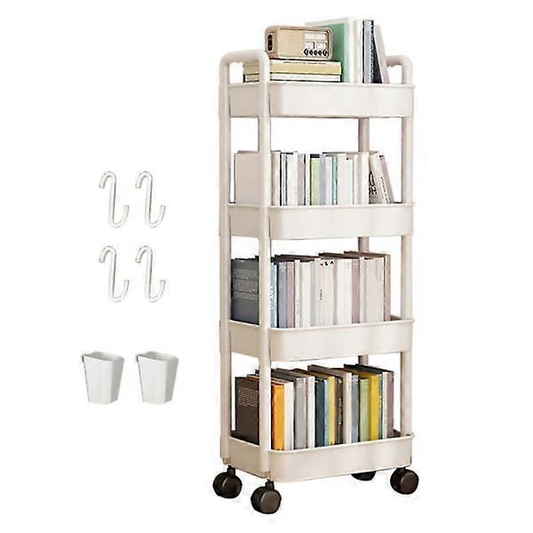 4-Tier Rolling Cart with Wheels, Robust Mobile Storage Rack, Large Capacity & Strong Load-bearing, Bookshelf, Jikaix White