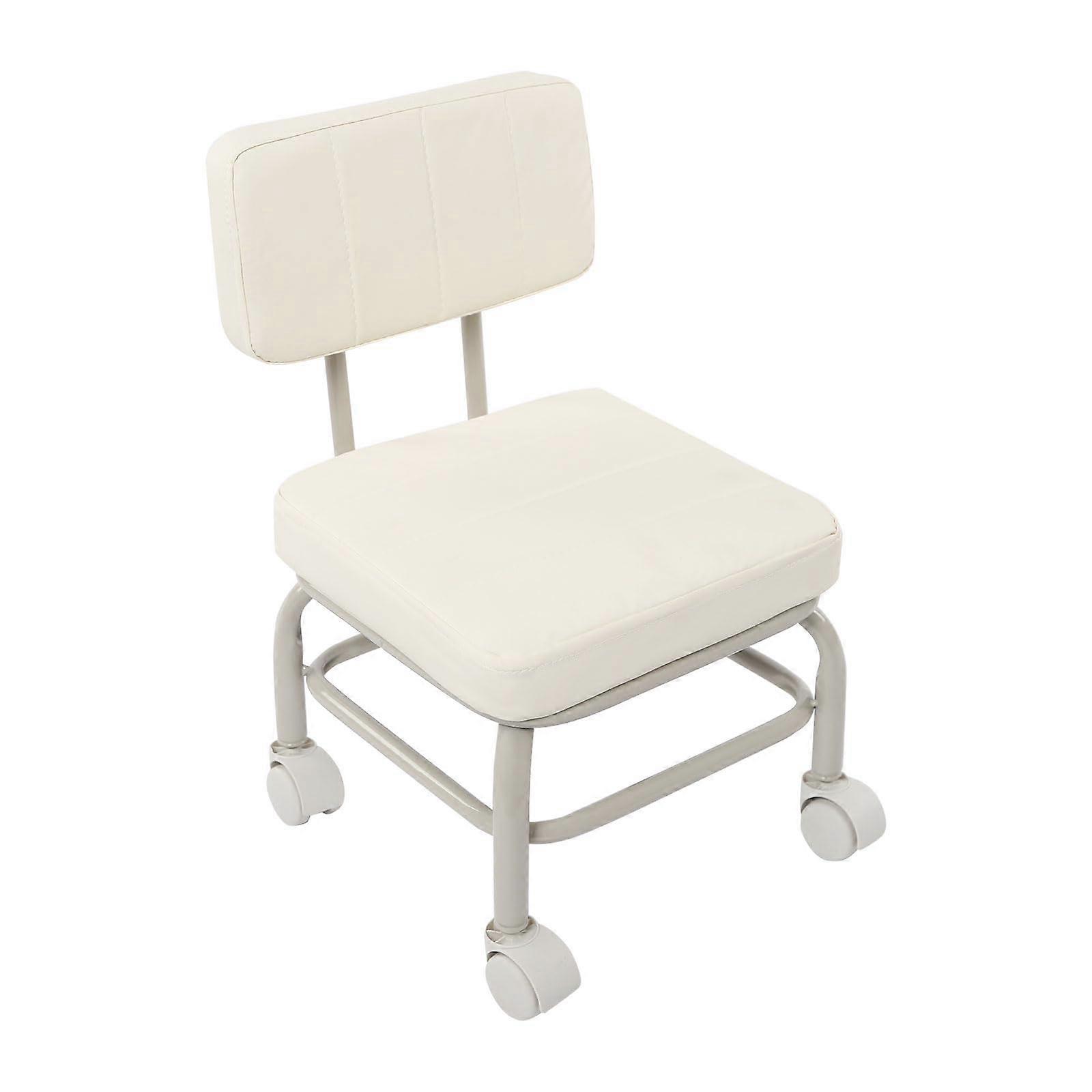Rolling Stool with Backrest, Ergonomic PU Leather Seat, Adjustable Swivel for Office and Workshop White