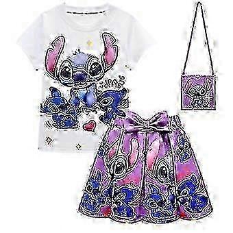 25-26 Kids Girls Lilo and Stitch T-Shirt+Pleated Skirts+Bags Outfit Set Party Dress