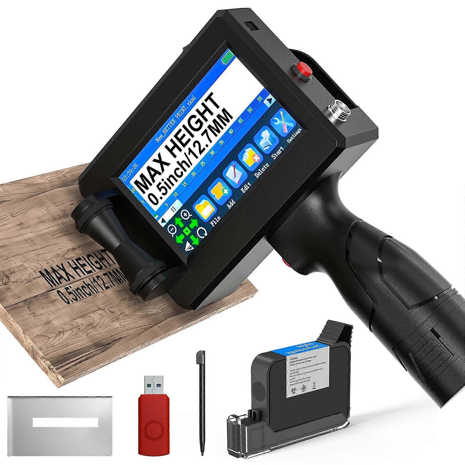 Handheld Inkjet Printer with 0.5 Inch Nozzle, 4.3' Touchscreen, USB Rechargeable, MultiSurface Printing