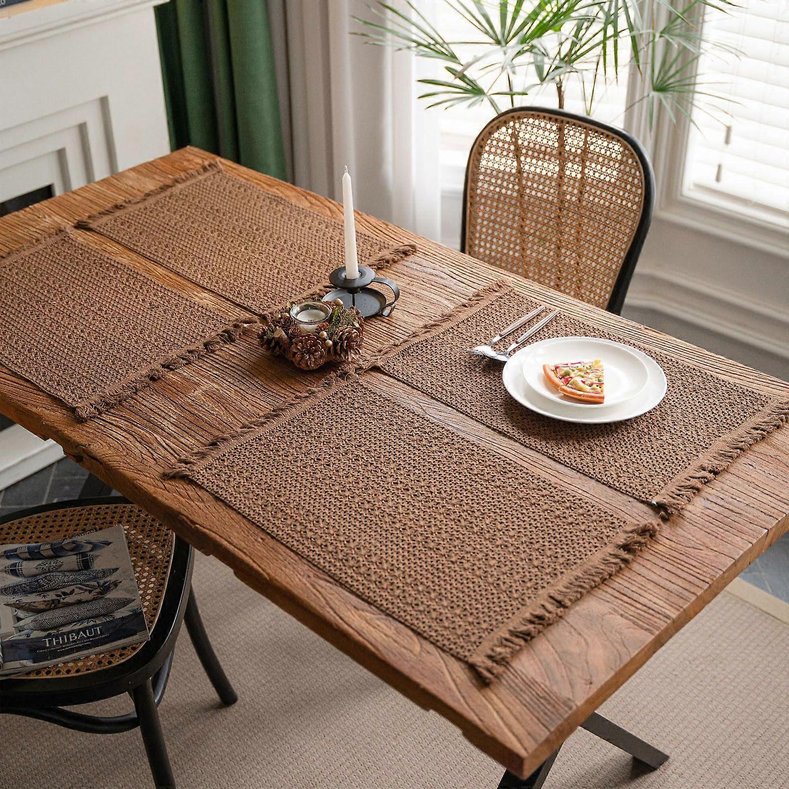 Boho Cotton Linen Placemats Set of 4 Khaki Rectangular Rustic Farmhouse Table Mats for Dining