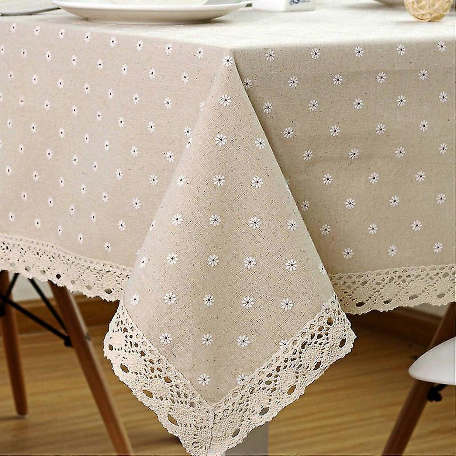 Flower Pattern Tablecloth Linen Cotton Table Cloth with Lace Dining Table Cover