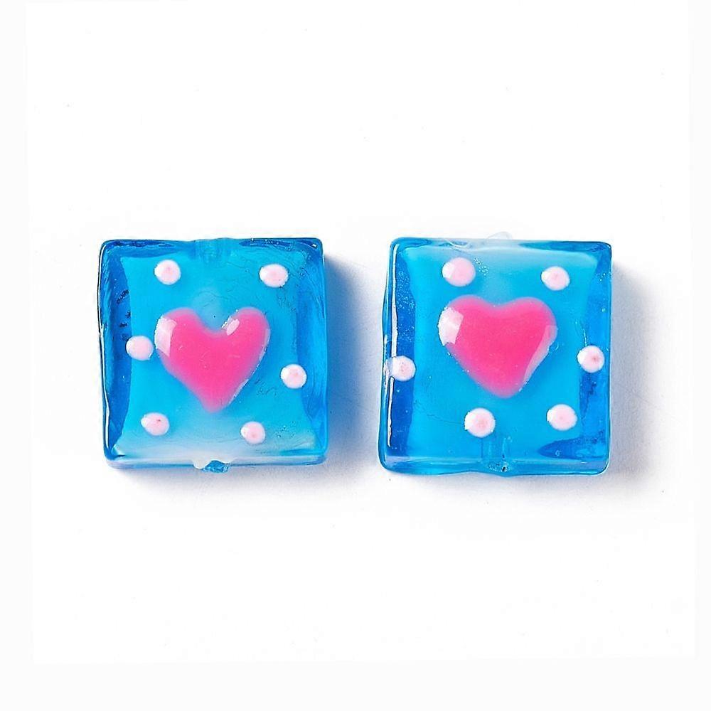 Handmade Lampwork Beads Square with Heart Pattern Dodger Blue 16x15x6mm Hole: 1.8mm