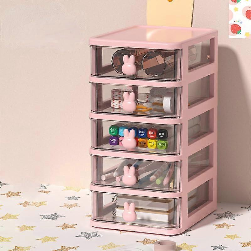 Desktop Drawer Organizer, Stackable 5Layer Pink Storage Drawers with Cute Rabbit Handle for Office and Bedroom