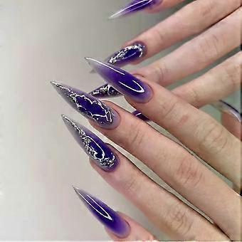 24pcs Gradient Purple Press on Nails Silver False Nails Y2k Long Stiletto Nail Art Sweet Cool Dark Glue on Nail Spicy Girl Nail