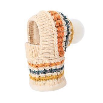 Damesmuts met lange sjaal, volledige gezichtsbescherming, warme gebreide thermische fleece wintermuts, skimuts, patchwork, kleurrijke pluche baldecoratie, hoofddeksel voor koud weer, Jikaixiang