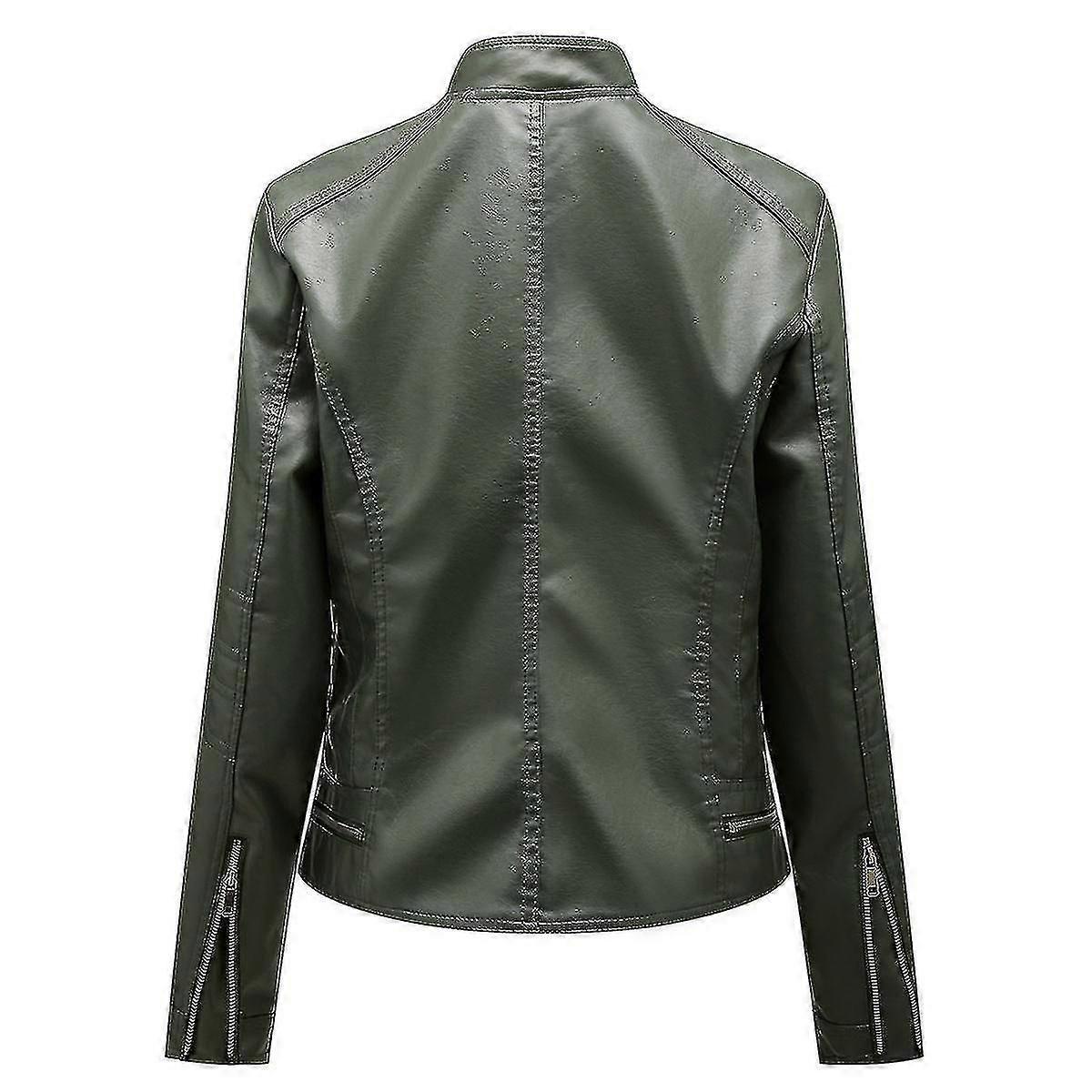 Women's Solid Color Stand Collar Zip Slim Short Leather Jacket-CE
