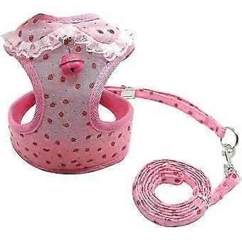 Adjustable Pet Mesh Vest Harness And Leash Set With Cute Bell For Puppy Small Medium Dogs And Cats,pink Strawberry, Schest 9.5-14&quot Hy