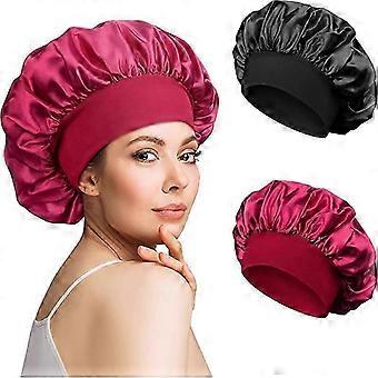 2pcs Silk Satin Hair Bonnet for Sleeping, Sleep Bonnet with Elastic Soft Band,for Hair Curly Hair Sleeping Natural HairBurgundy + black-zy