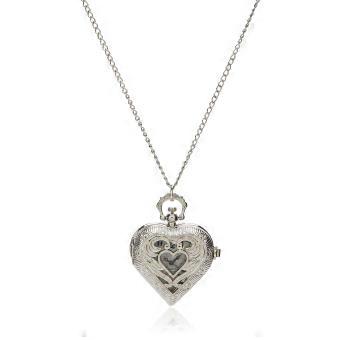Vintage Silver Tone Heart Locket Style Pendant Pocket Watch Necklace for Girls Lady Women, 30-inch Chain, for Mothers Day