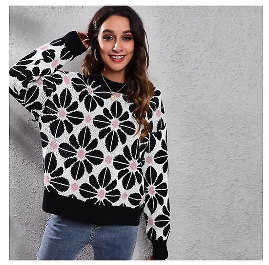Strikkegenser for kvinner 2022 Høst- og vintermote Blomsterfarge Matchende off-the-shoulder genser kvinner høy kvalitet løs topp langermet