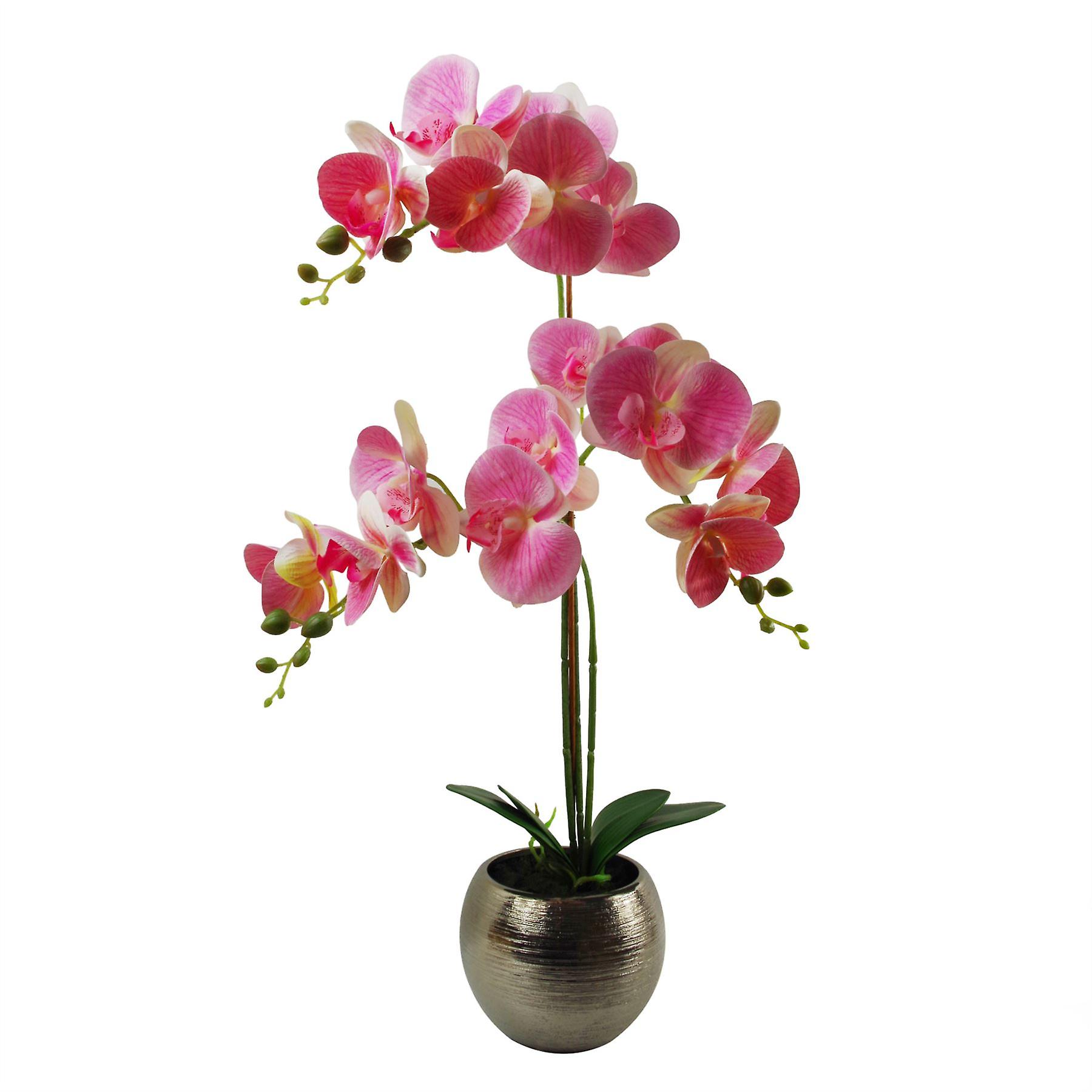 70cm Artificial Orchid Light Pink with Silver Ceramic Planter