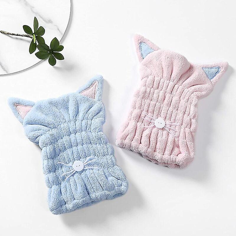 2 Pcs Cat Pattern Swimming Cap Children's Dry Hair Hat Pink Blue
