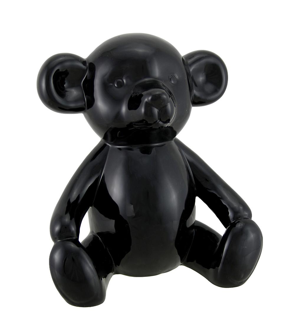 Glossy Black Ceramic Teddy Bear Statue 6 Inch