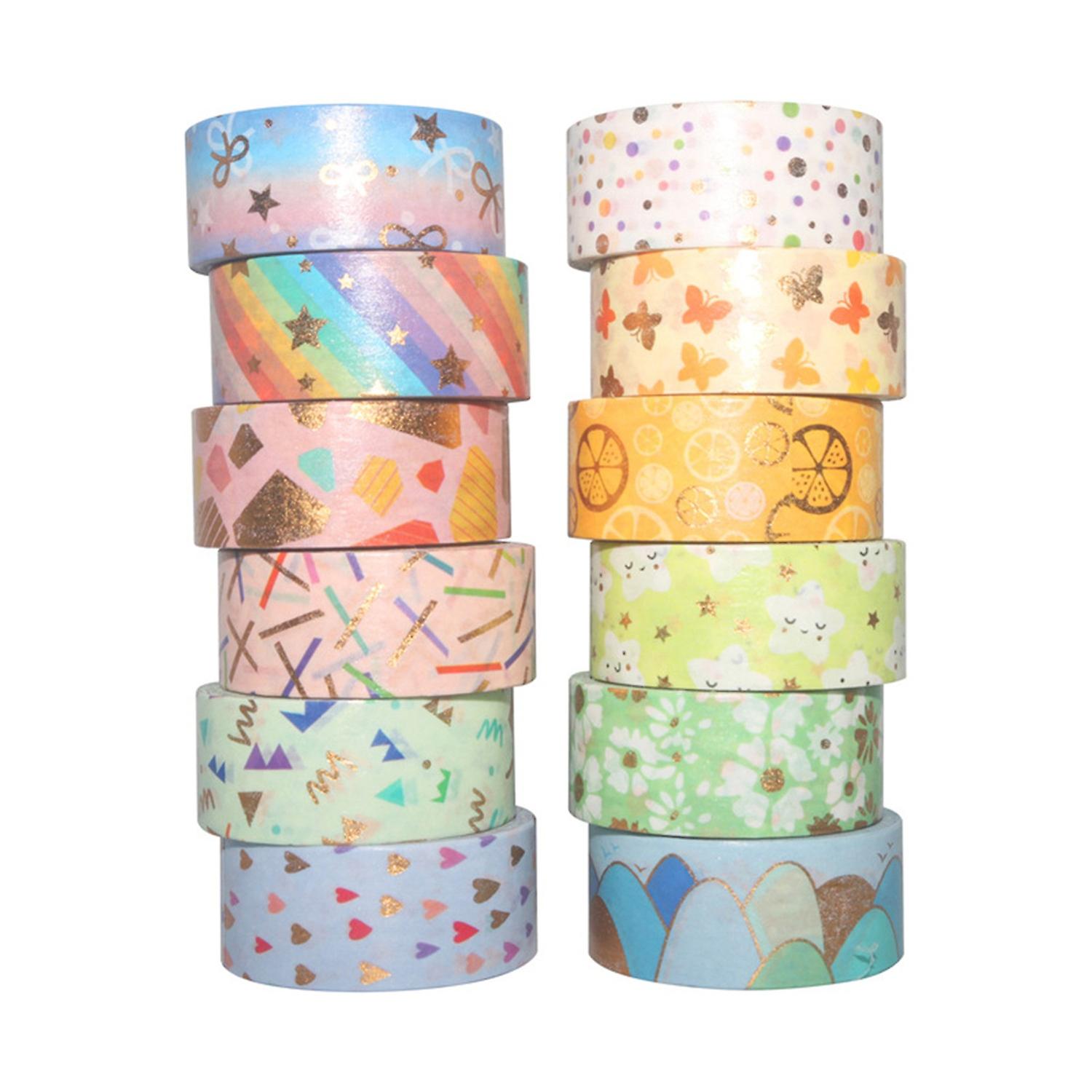 12 Rolls Washi Tape Set Cute Pattern Gold Foil Masking Tape 15mm Wide Adhesive Decorative Tape Stick