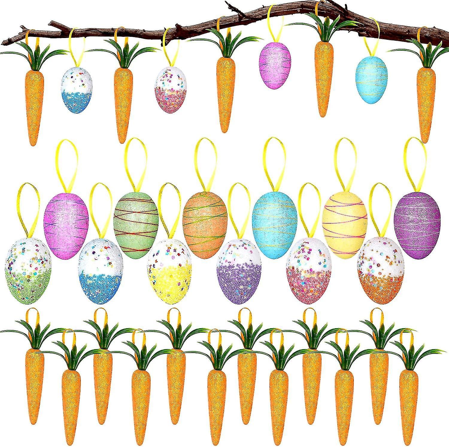 Easter Egg Ornaments and Carrot Hanging Ornaments Set Include 12 Pcs Colorful Spring Easter Hanging Egg 12 Pcs Premium Foam Glitter Artificial Carrots