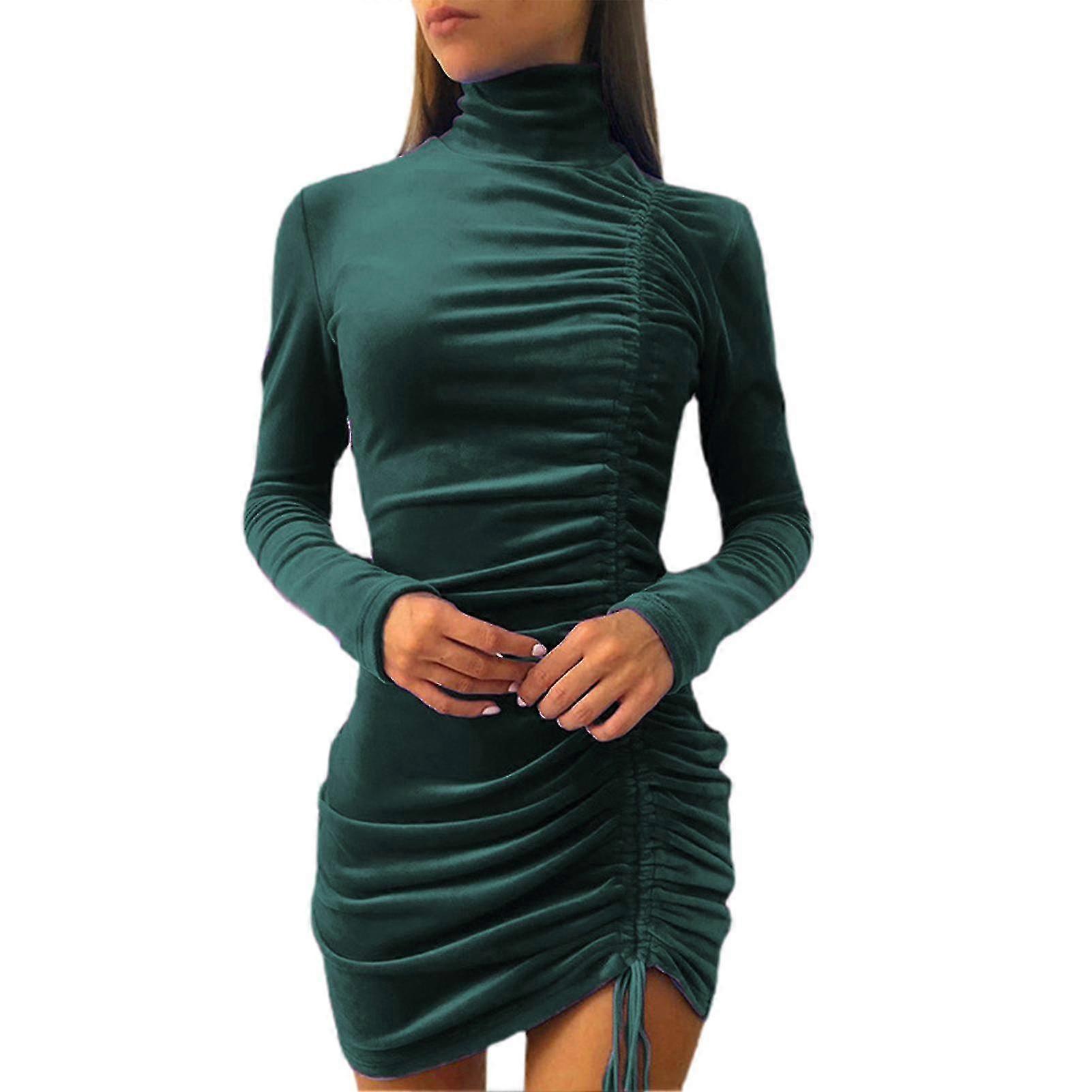 Vestido curto com cordão lateral, gola alta, justo, estilo quadril, elegante, moda inverno outono