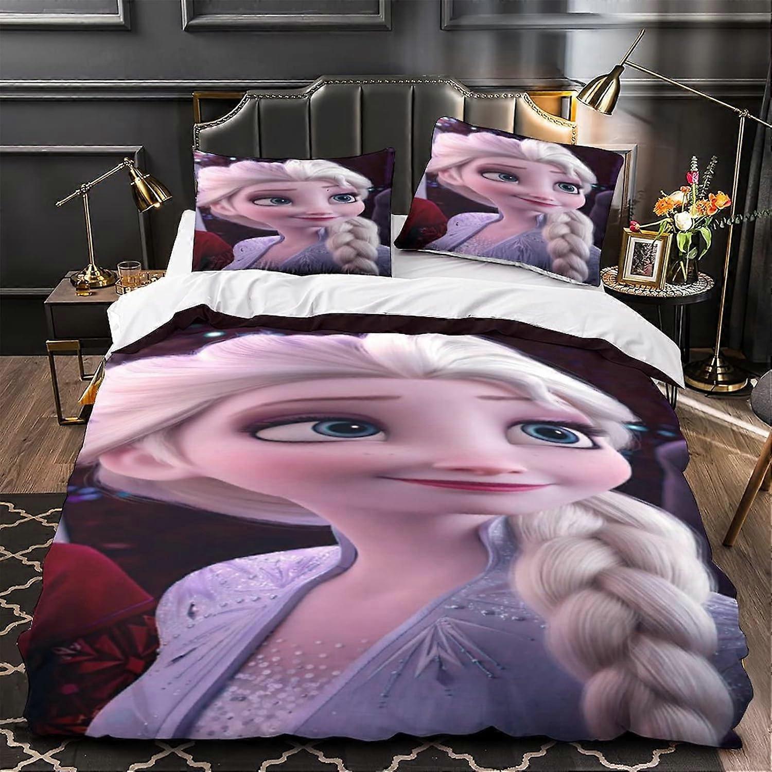 Frozen D Elsa Pattern Bedding Set Duvet Cover Quilt Cover Piece Sets with Pillowcases Suitable for Boys Girls, with Iron 135*200 CM
