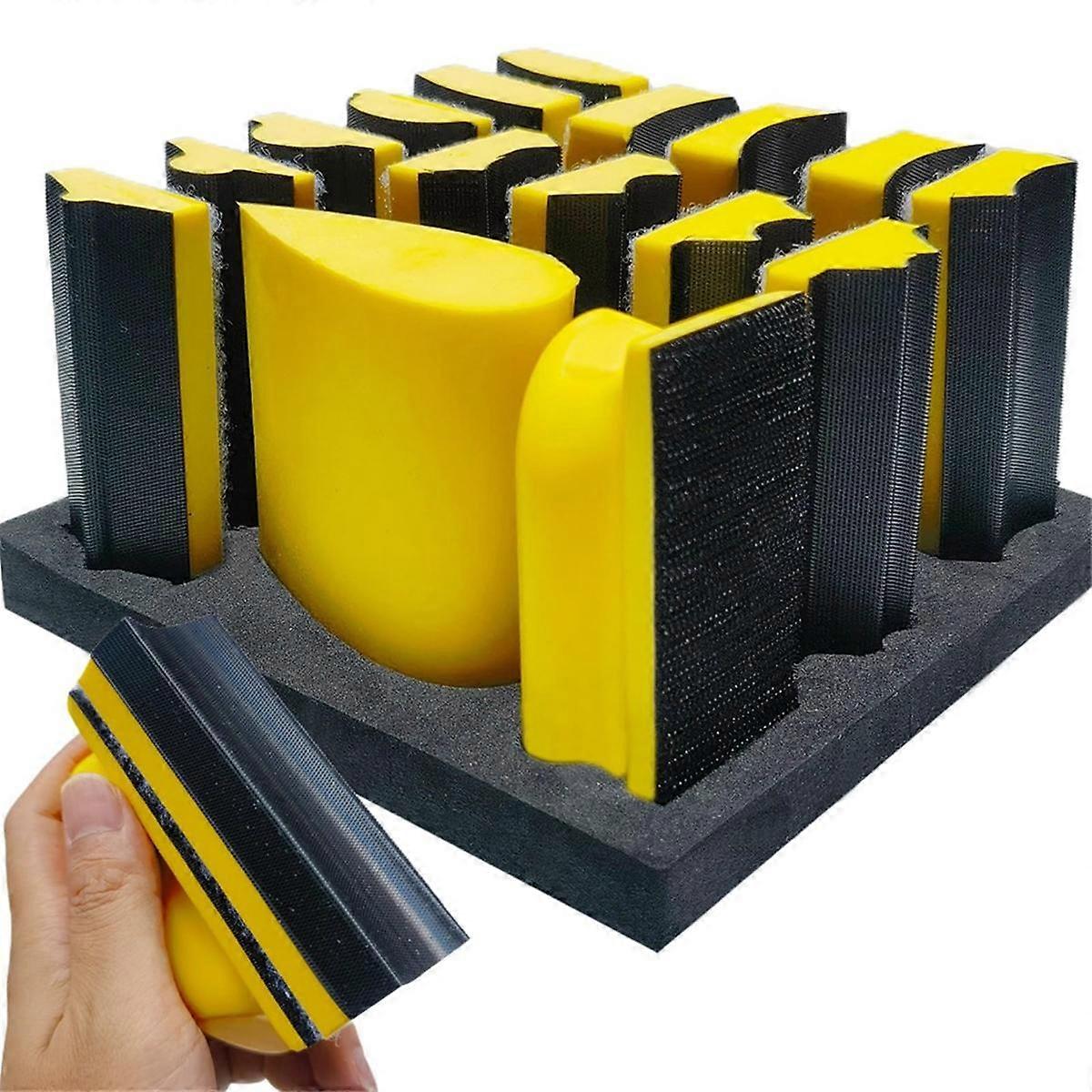 16 PCS Hand Sanding Block Set - Hook and Loop Soft and Durable Foam Material Assorted Sanding Pad H