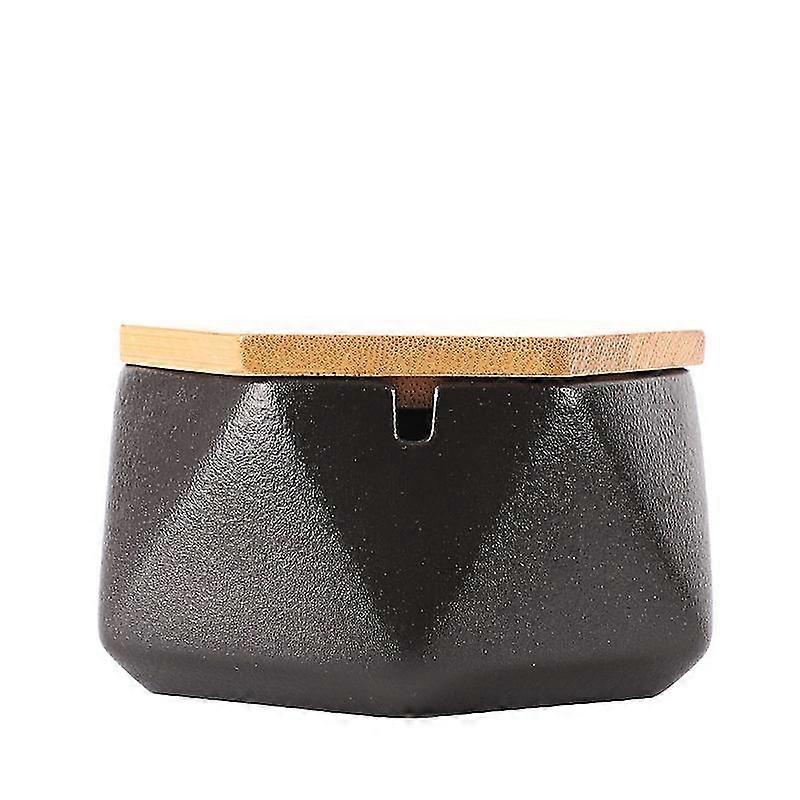 Ceramic Ashtray With Lid, Windproof Design And Geometric Shape(1pcs-black)