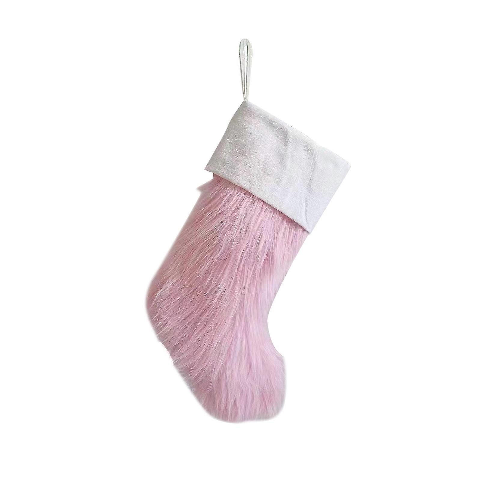 1Pc Christmas Stocking with Lanyard Portable Candy Bag Solid Color Plush Socks Bag Christmas Tree Hanging Ornament Soft Cloth Gift Bag Holiday Party F