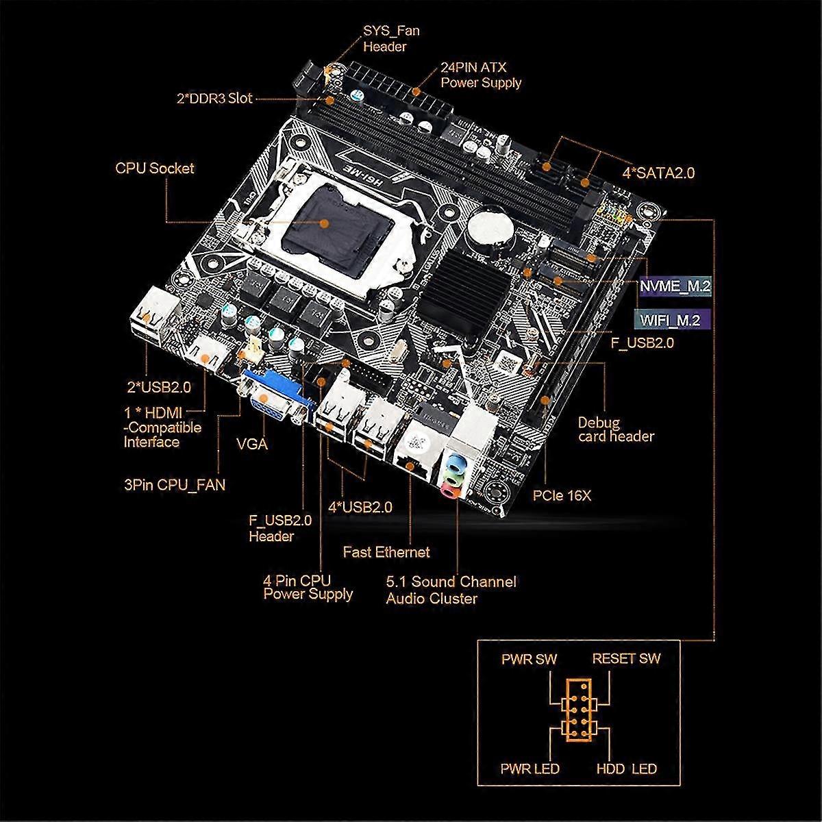 اللوحة الأم المكتبية H61 H61me Lga1155 2xddr3 فتحات تصل إلى 16g Nvme M.2 واي فاي M.2 Pci-e16x Itx H61-me اللوحة الأم للكمبيوتر