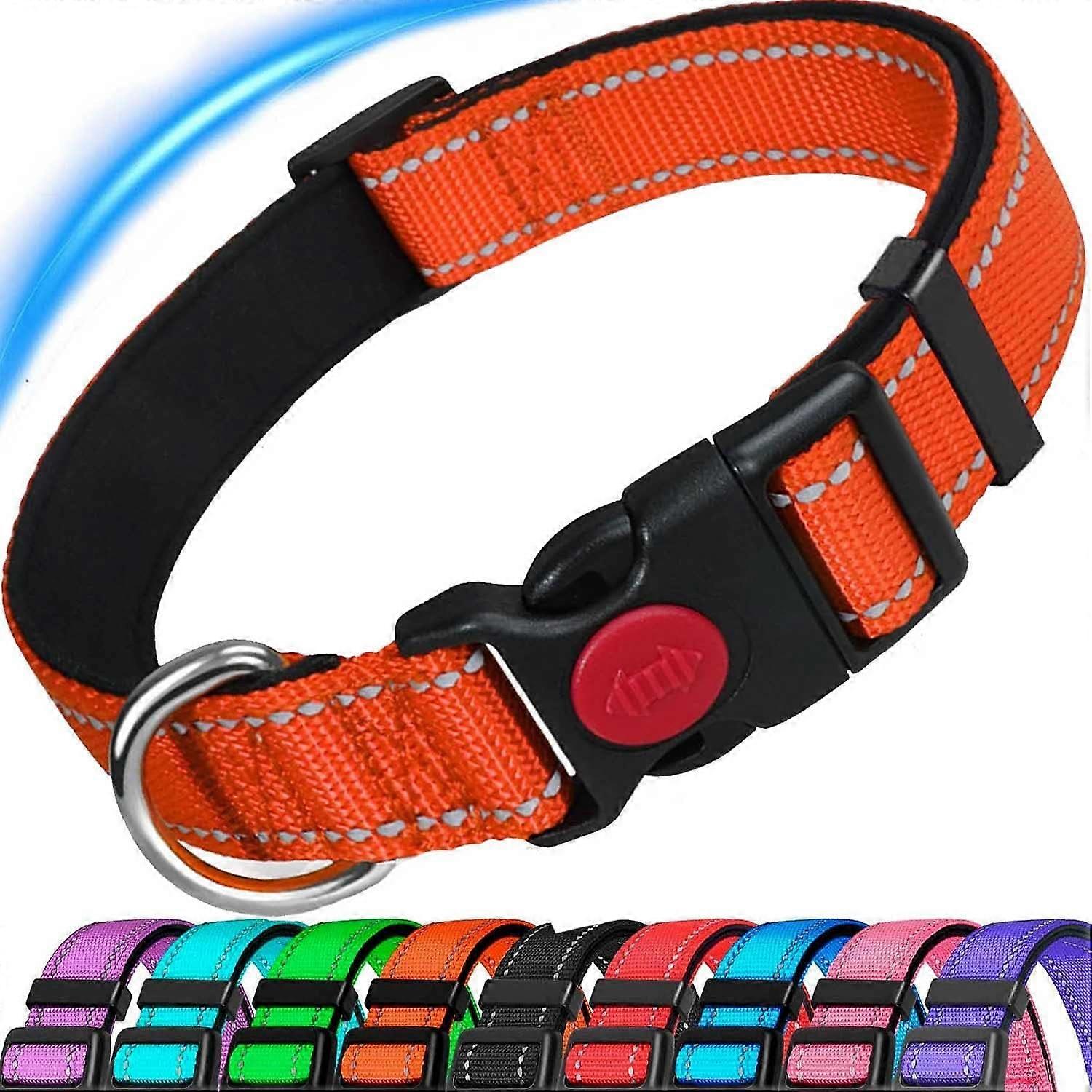 Dog Collar,Reflective Adjustable Basic with Soft Neoprene Padding,Durable Nylon Pet Collars for Puppy Small Medium Large Dogs,Orange,M:13-19.7inch