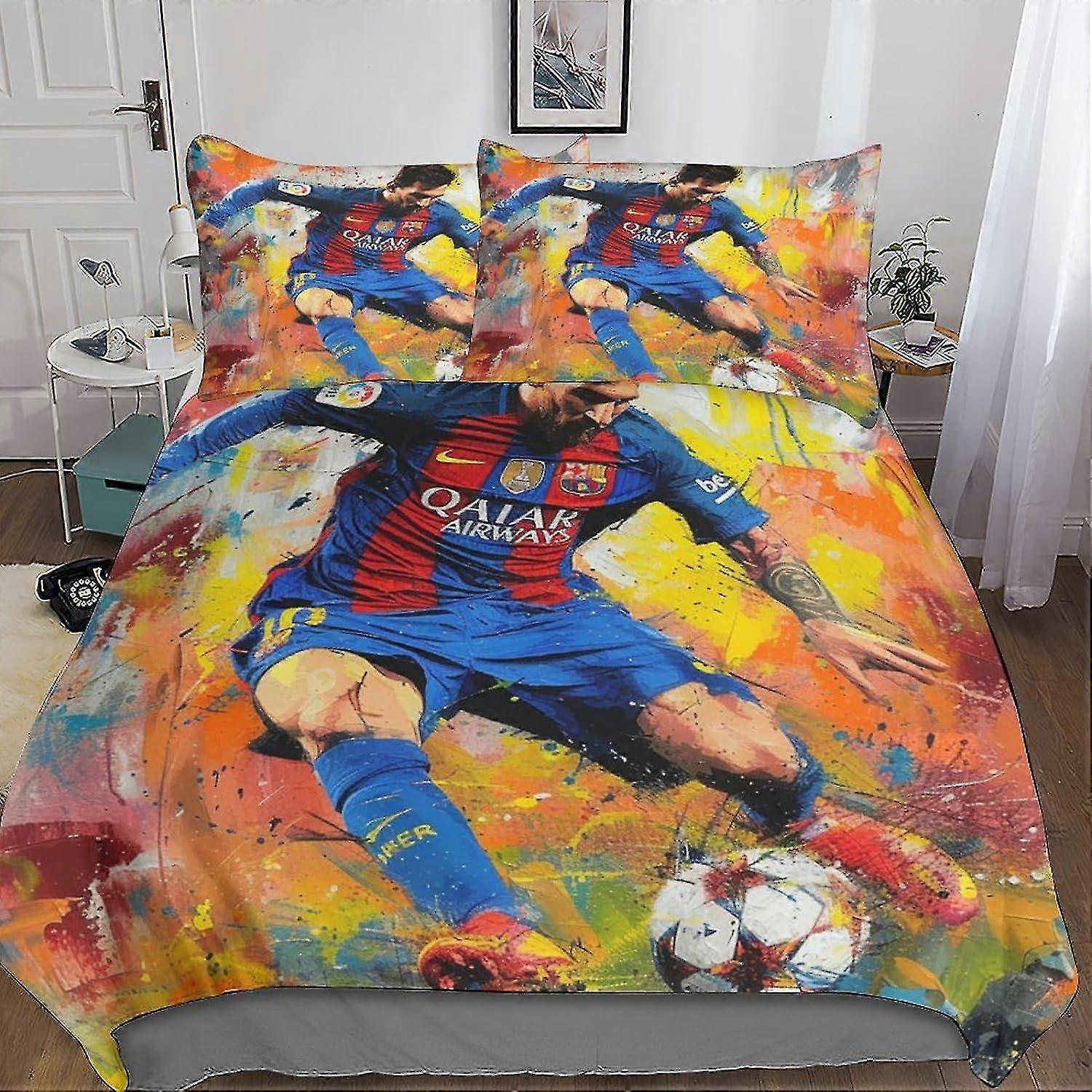 o4155 Lençóis DSJackson Lionel Messi Conjunto de Capa de Edredom Premium com Fecho de Zíper Oculto - Roupa de Cama Esportiva Microfibra de Impressão 3D Requintada, Completa 3-