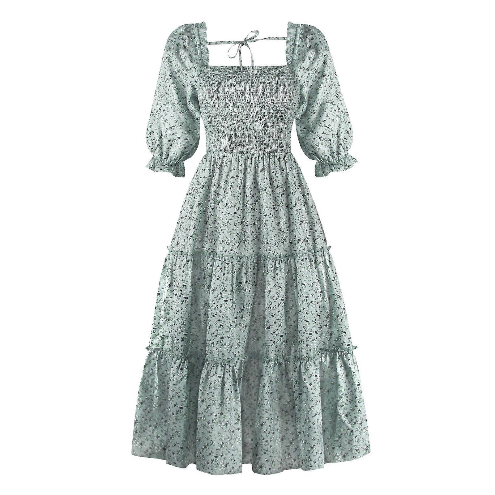 Women's Star Print Square Neck Gathered Short Puff Sleeve Ruffle Hem Casual Midi Dress 1 Piece Blue