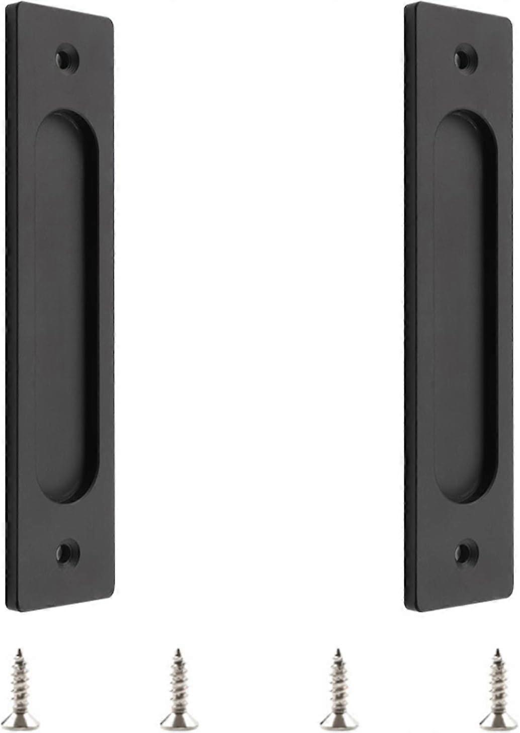Set of 2 Aluminum Alloy Recessed Rectangular Sliding Door Handles with Mounting Screws for Sliding Barn Door - Matte Black - 18cm