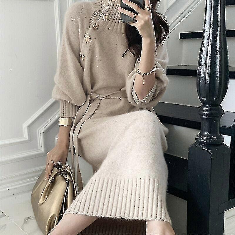 レディースレトロニットセータードレスレースアップハイネックジャンパーボタンエレガントKorean_x