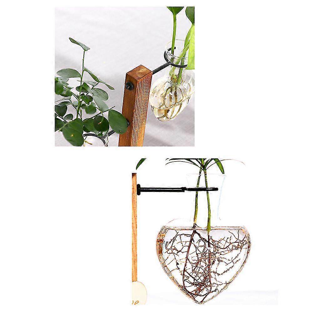 ヴィンテージハートデザインスタンドガラスプランター球根花瓶、水耕植物家族の庭の結婚式の装飾のためのヴィンテージウッドフレームホルダー付きガラス植木鉢、10