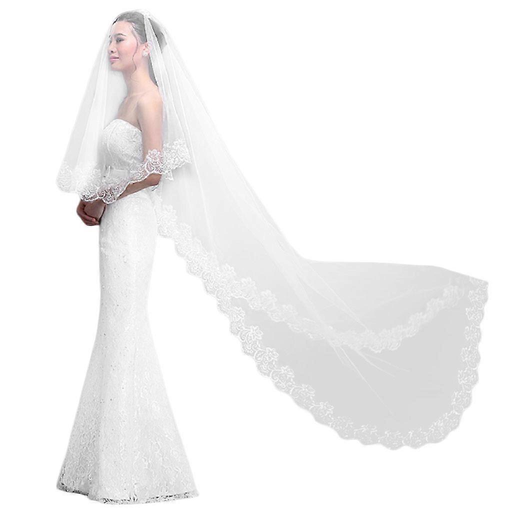 نساء النقي أبيض الحجاب الزفاف ل 3M طويلة مطرزة الأزهار الدانتيل صدفي حافة صدفي