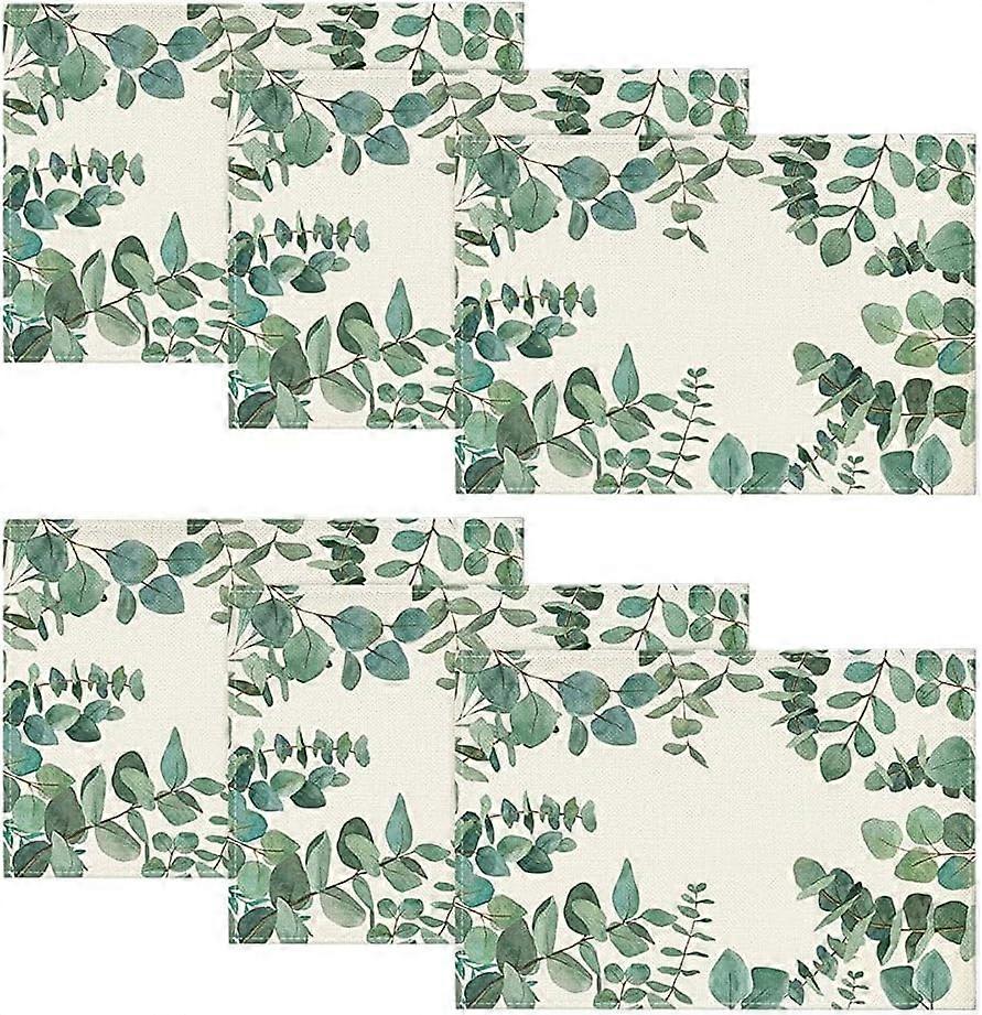 Eucalyptus Leaves Summer Placemats for Dining Table, 12 x 18 Inch Spring Seasonal Holiday Rustic Vintage Washable Table Mats Set of 6
