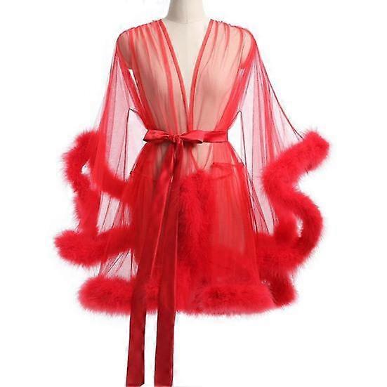 Lady Nightgown Plush Trim Ultra Thin See-through Mesh Ruffle with Adjustable Waist