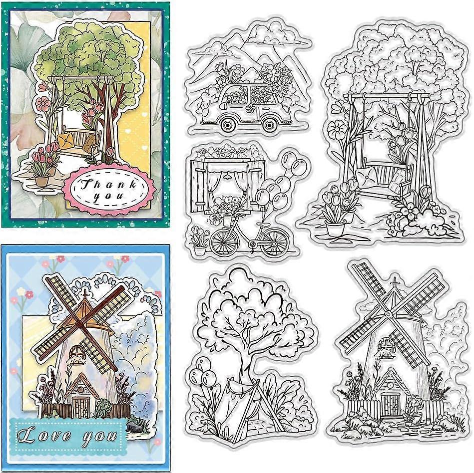 Street Scene Clear Stamps 5pcs Rustic Style Rubber Stamp Set Spring Swing Tent Silicone Clear Stamps Reusable Transparent Stamps for Card Making Journ