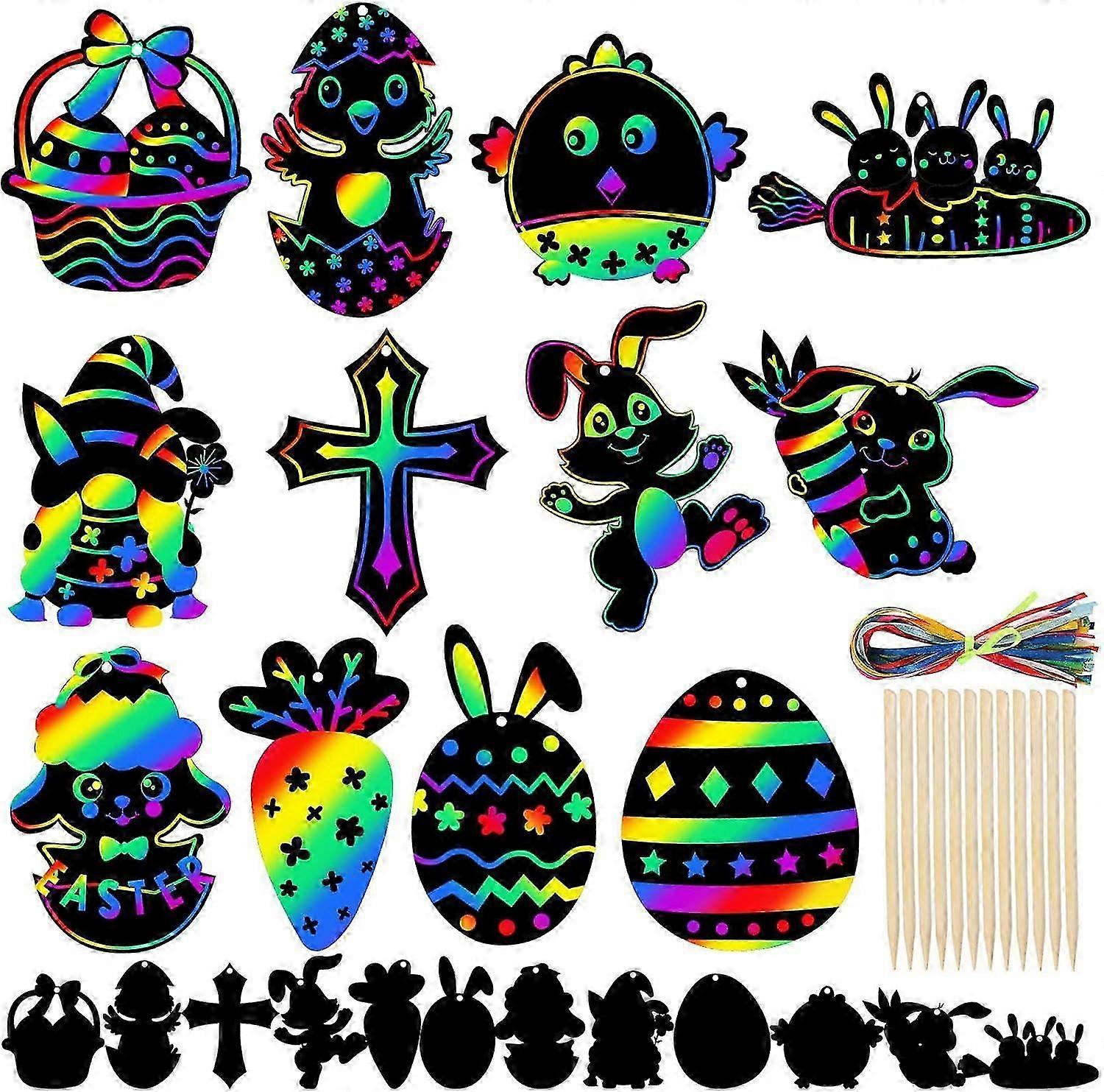 Easter Scratch Art for Kids - 12PCS Easter Egg Bunny Scratch Papers Drawing DIY Tags