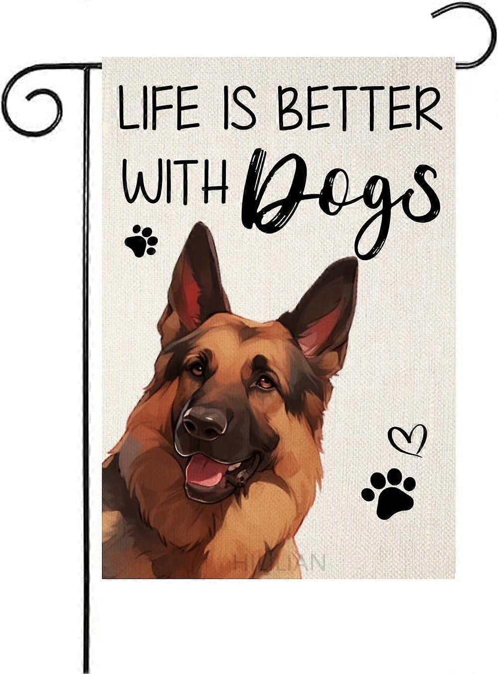 A Vida é Melhor Com Cães Bandeira de Jardim de Pastor Alemão para Exterior 12x18 Polegadas (7099)