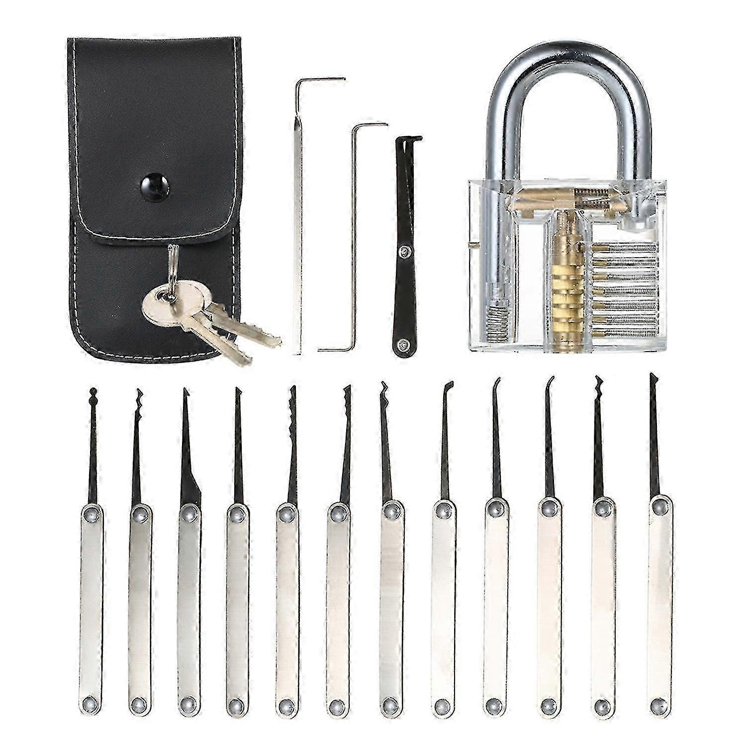 15pcs Lock Picking Set Kit Tool with Transparent Practice Training Padlock Lock for Locksmith Beginn