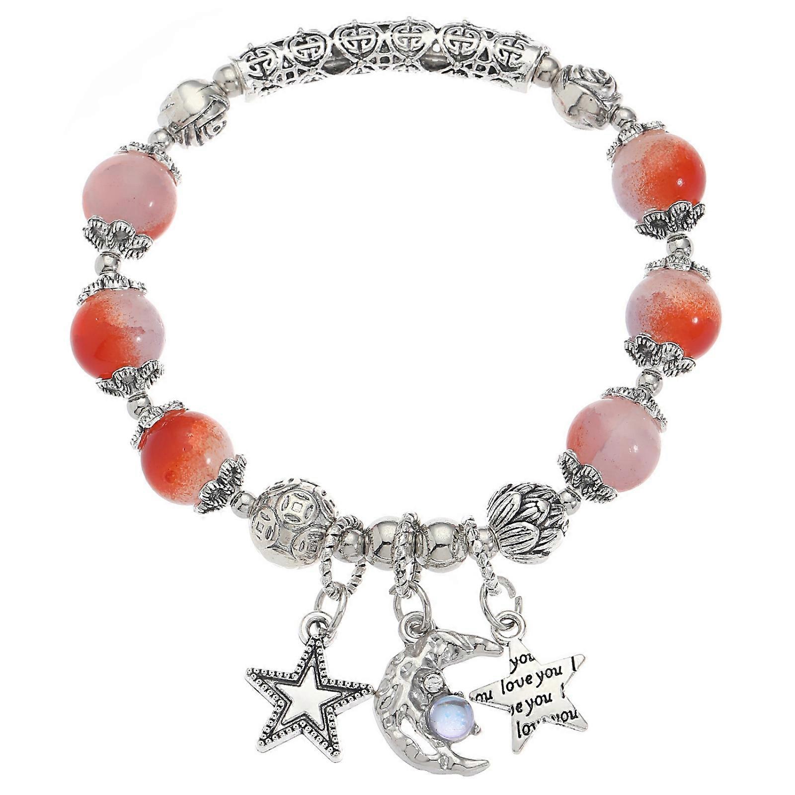 Unique Moon and Star Bracelet with Crackle Glass Bead Colorful Beaded Handchain Bangle for Stylish Accessory Lovers Red