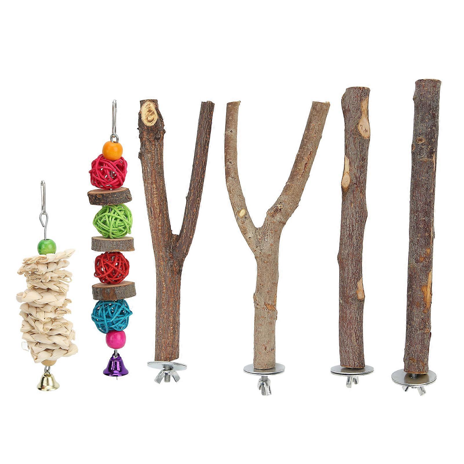Bird Perch Stand Set for Parrots, Wooden Branch Design with Vine Ball Accessories for Paw Grinding, 6 Pcs