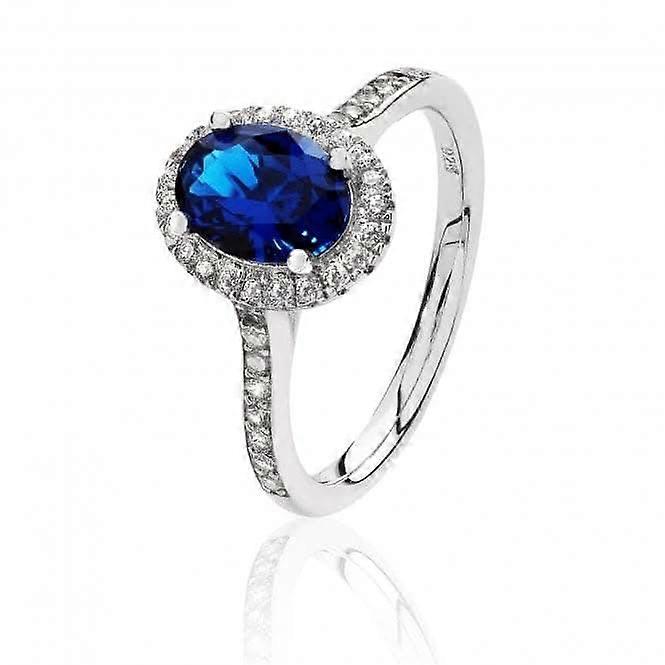 Silver & Co Oval Halo Ring with Blue Cubic Zirconia - 925 Silver, Claw Set, SRG0025SA