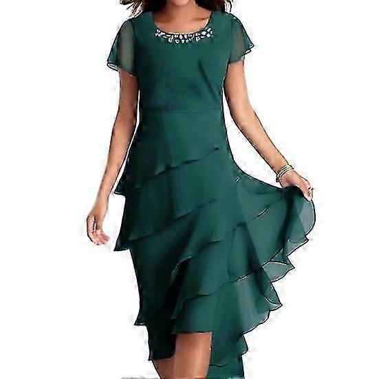 Women Elegant Dress O-Neck Beaded Decor Short Sleeve Midi Dress Layered  Cake Hem Flowy Dress Party Wedding Guest Dress | Fruugo NO