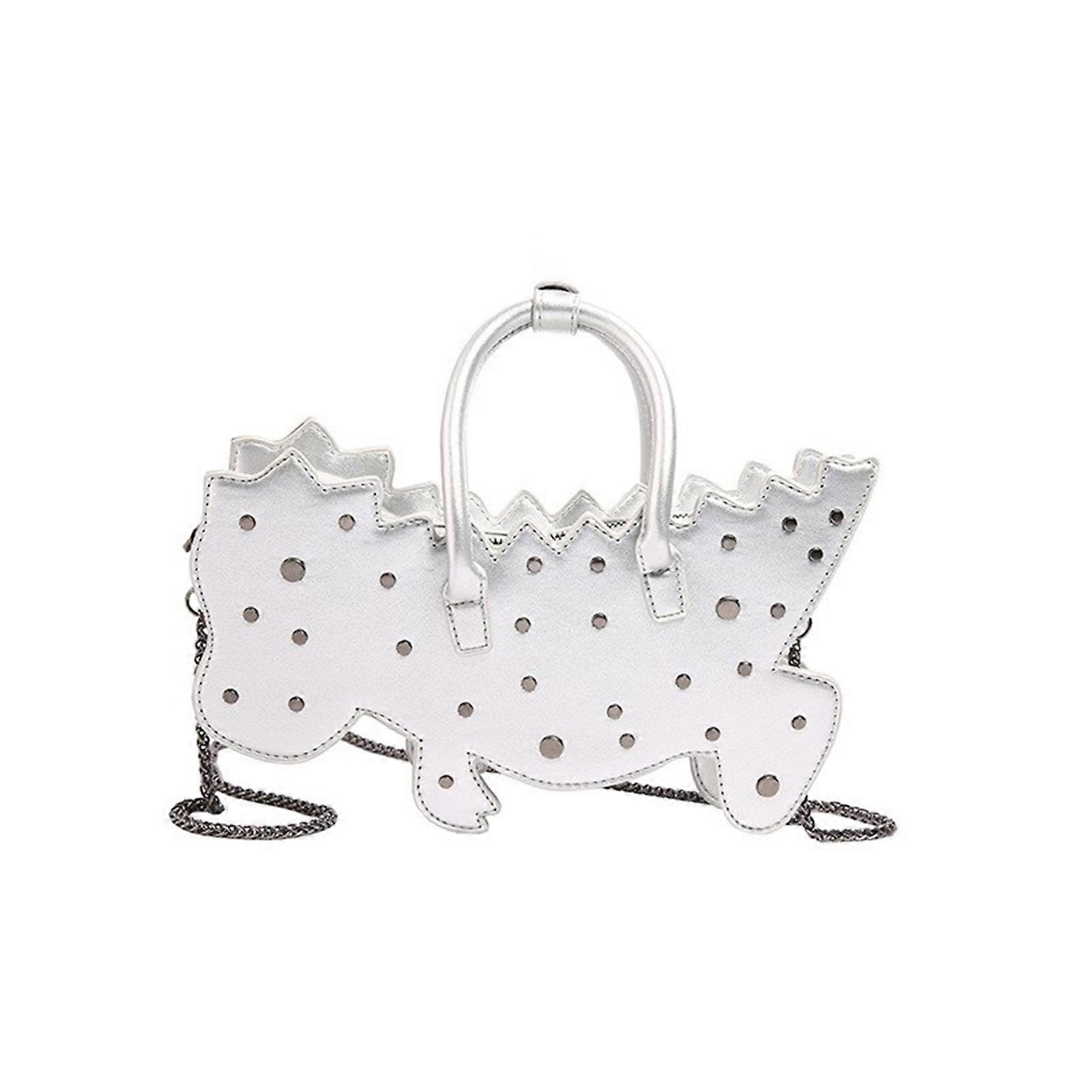 Functional Dinosaur Shape Crossbod Bag PU Leather Handbag Shoulder Purse with Detachable Chain for Women Silver