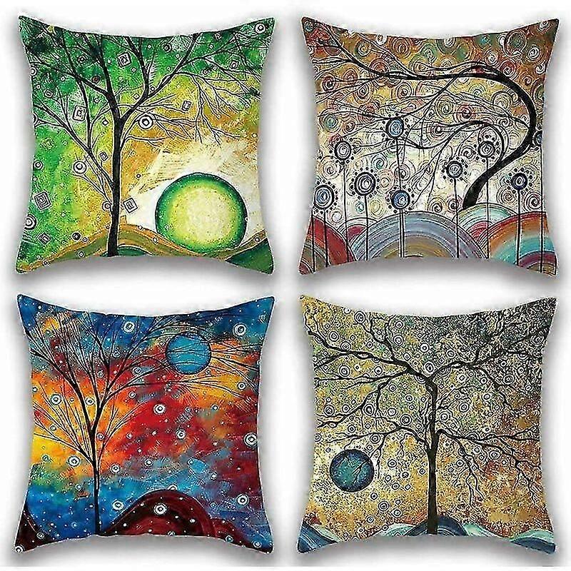 4 tree-patterned cotton and linen sofa pillowcases 18" x 18". Edition