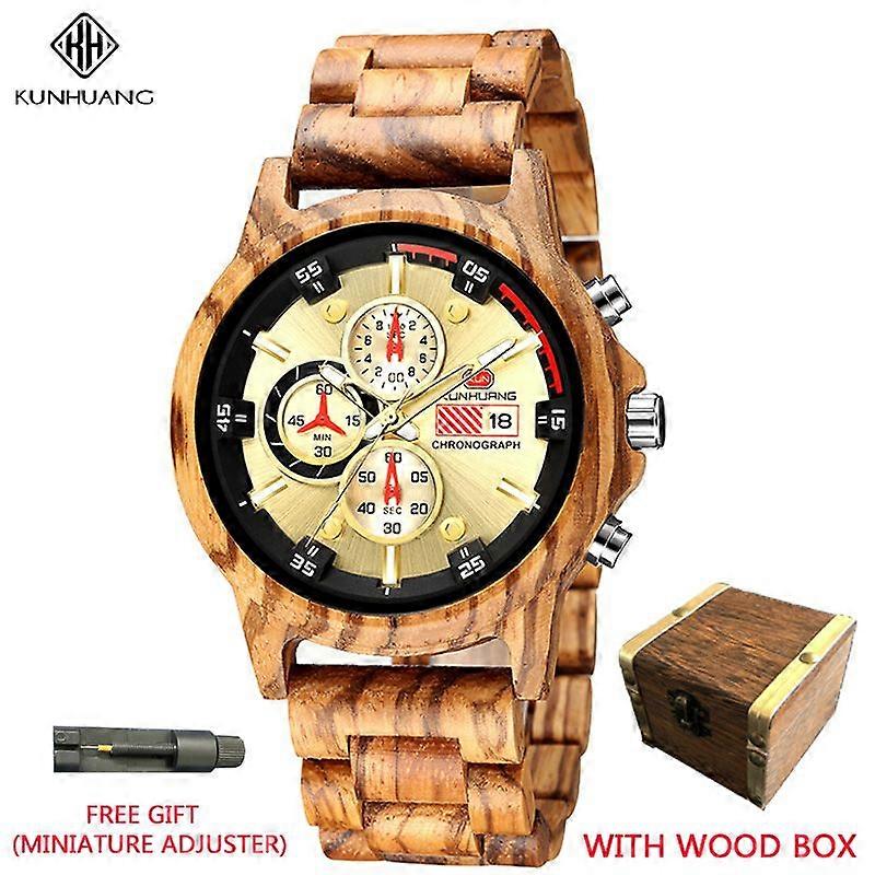 Men's Watch Natural Wood Watch Wooden Gift Box Handmade Wooden Quartz Movement Watch Chronograph Zebra Wood Case Watch reloj