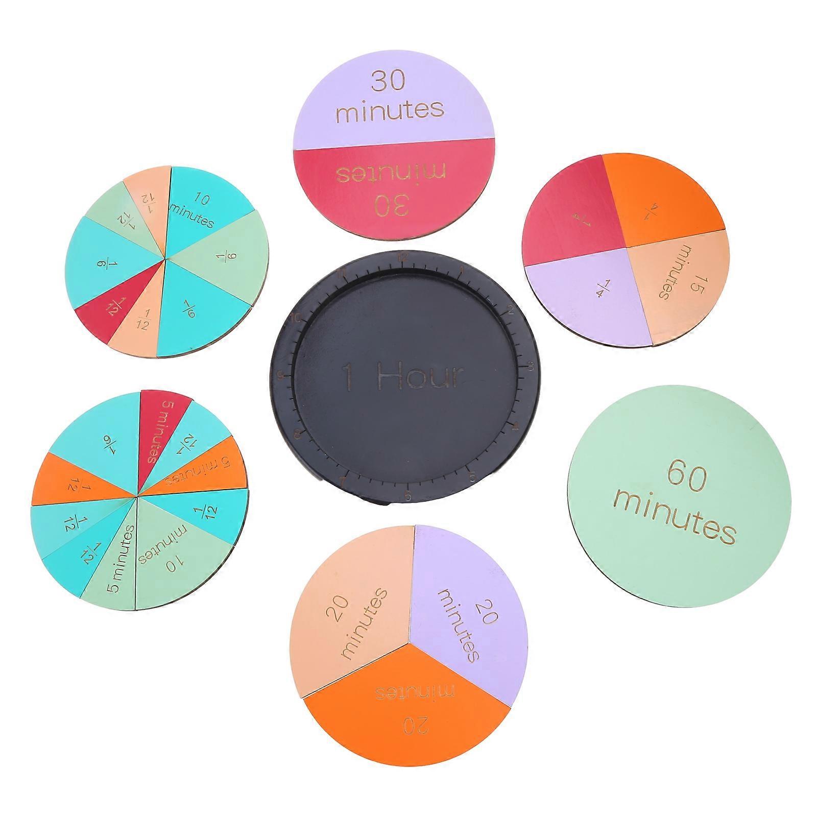 Wooden Fraction Circles Time Teaching Clock with Double Sided Colored Blocks Wood Clock Toy Math Fraction Teaching Aids