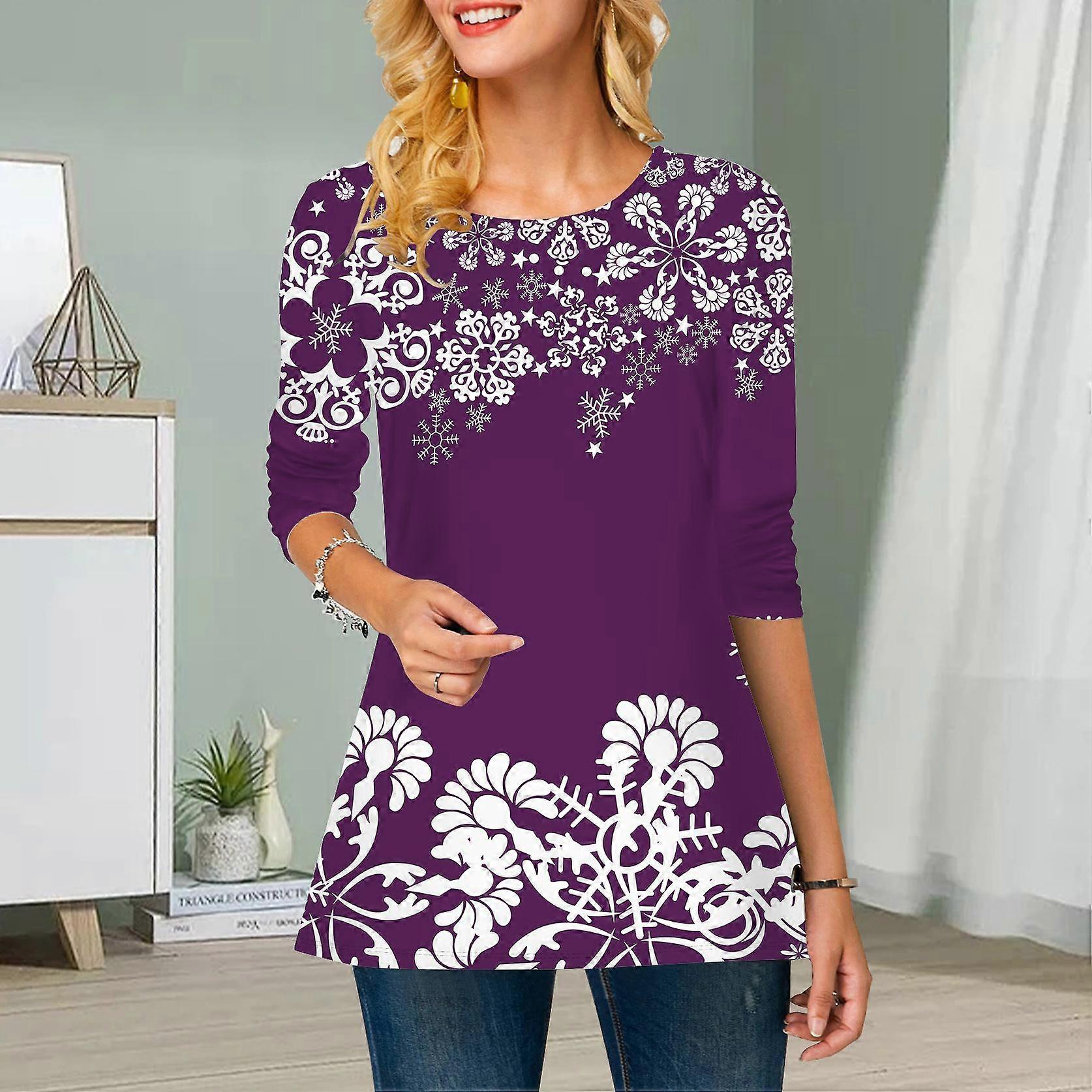 Plus Size Kobiety Kwiat Płatek śniegu Siatka Nadruk Okrągły Dekolt Codzienny Luźny Top Z Długim Rękawem