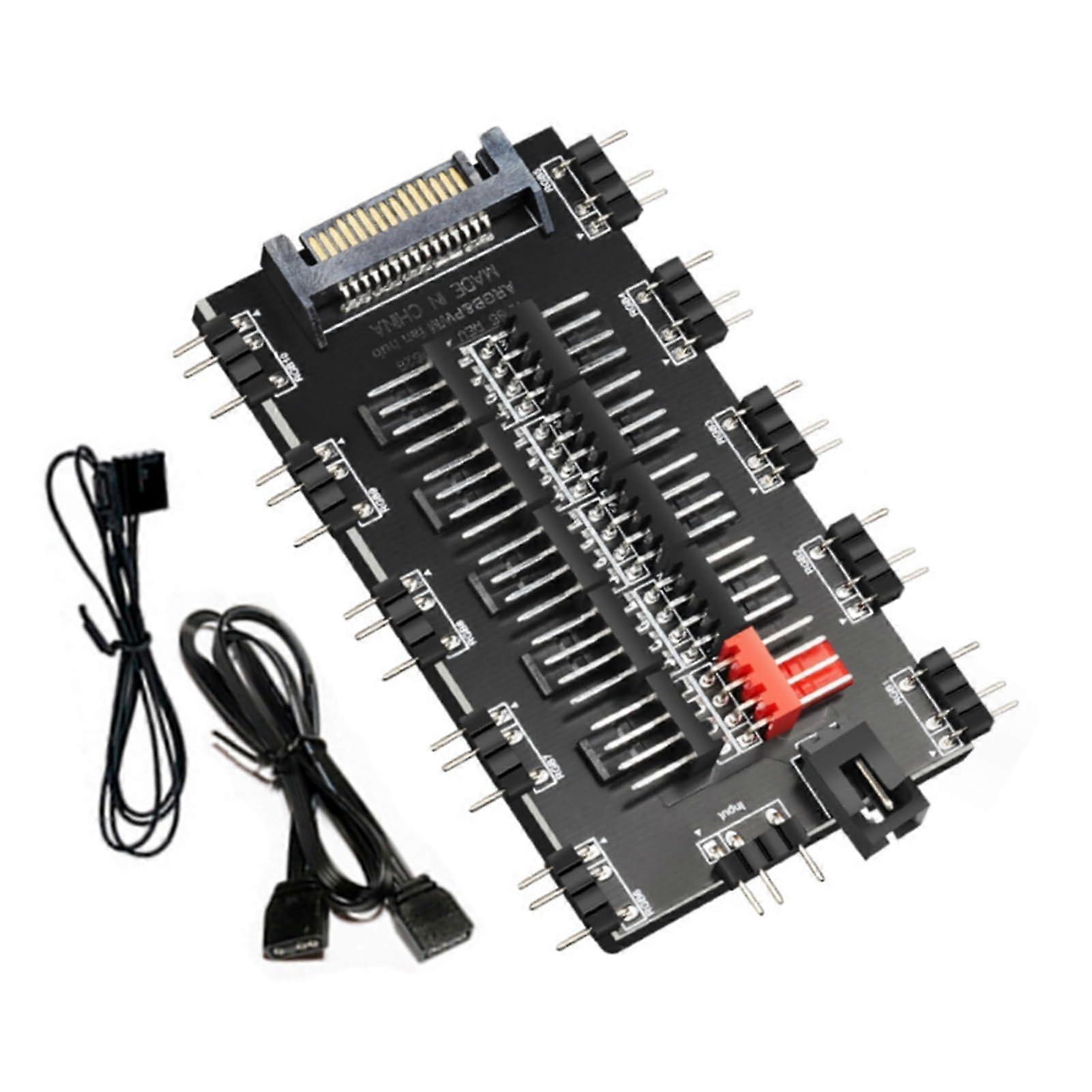 PWM 4Pin 5V 3Pin 2-in-1 Sync Hub with SATA Power Port for RGB CPU Cooling Fans and Fan Controller Compatibility